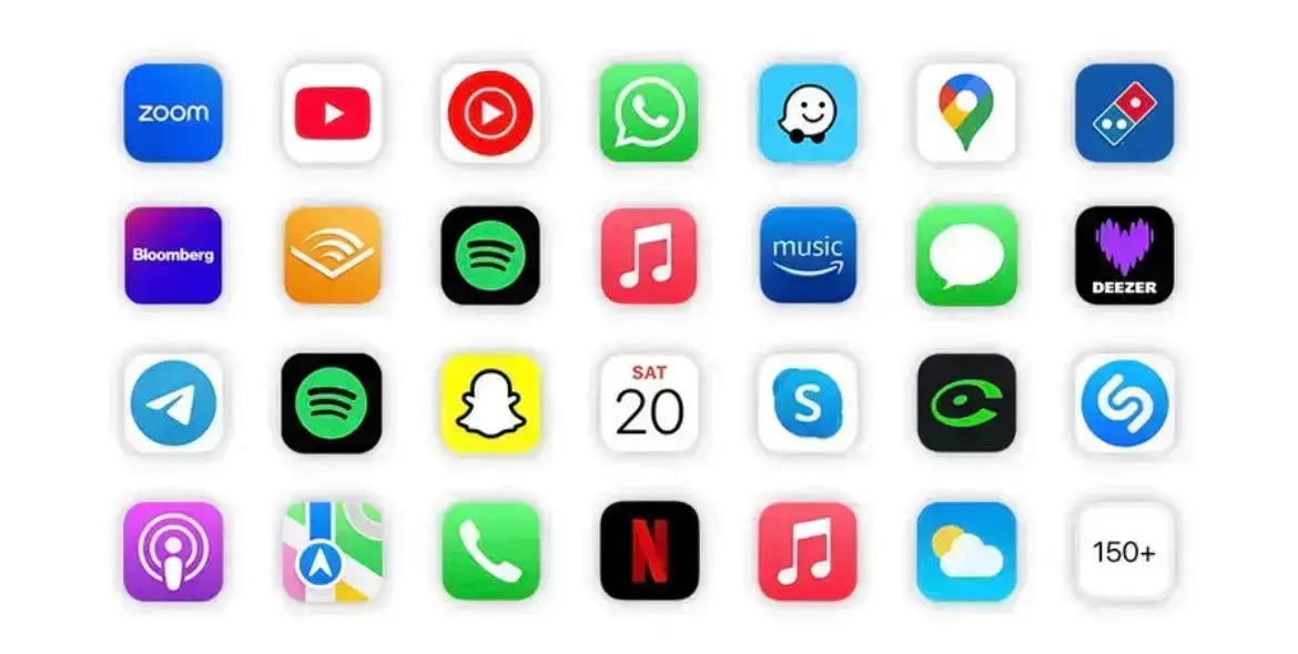 Icônes de plusieurs applications compatibles avec CarPlay sur fond blanc.
