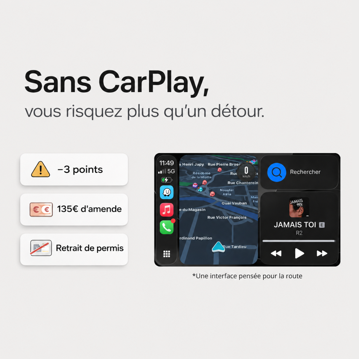 Infographie : sans CarPlay, 3 points en moins, 135 € d'amende et retrait de permis