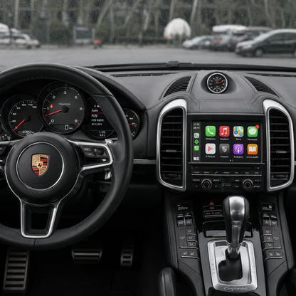 Intérieur de Porsche Cayenne avec Apple CarPlay sur l'écran central