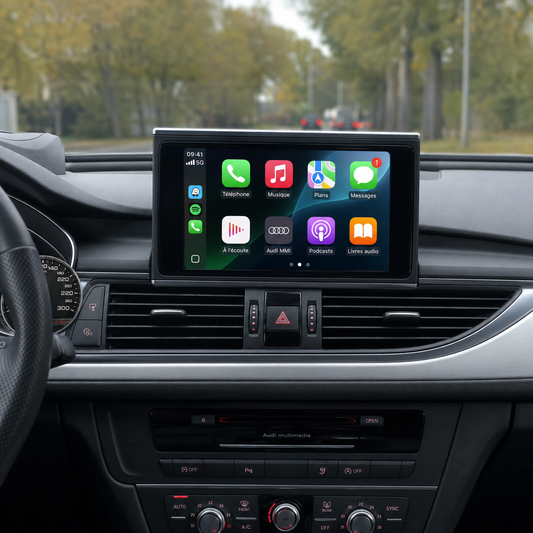 Écran MMI d'Audi A6 affichant Apple CarPlay, vue depuis le siège conducteur
