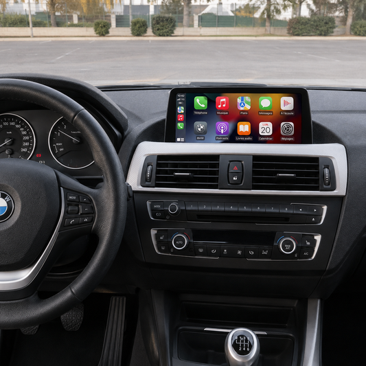 Écran iDrive de BMW affichant Apple CarPlay, tableau de bord et console centrale