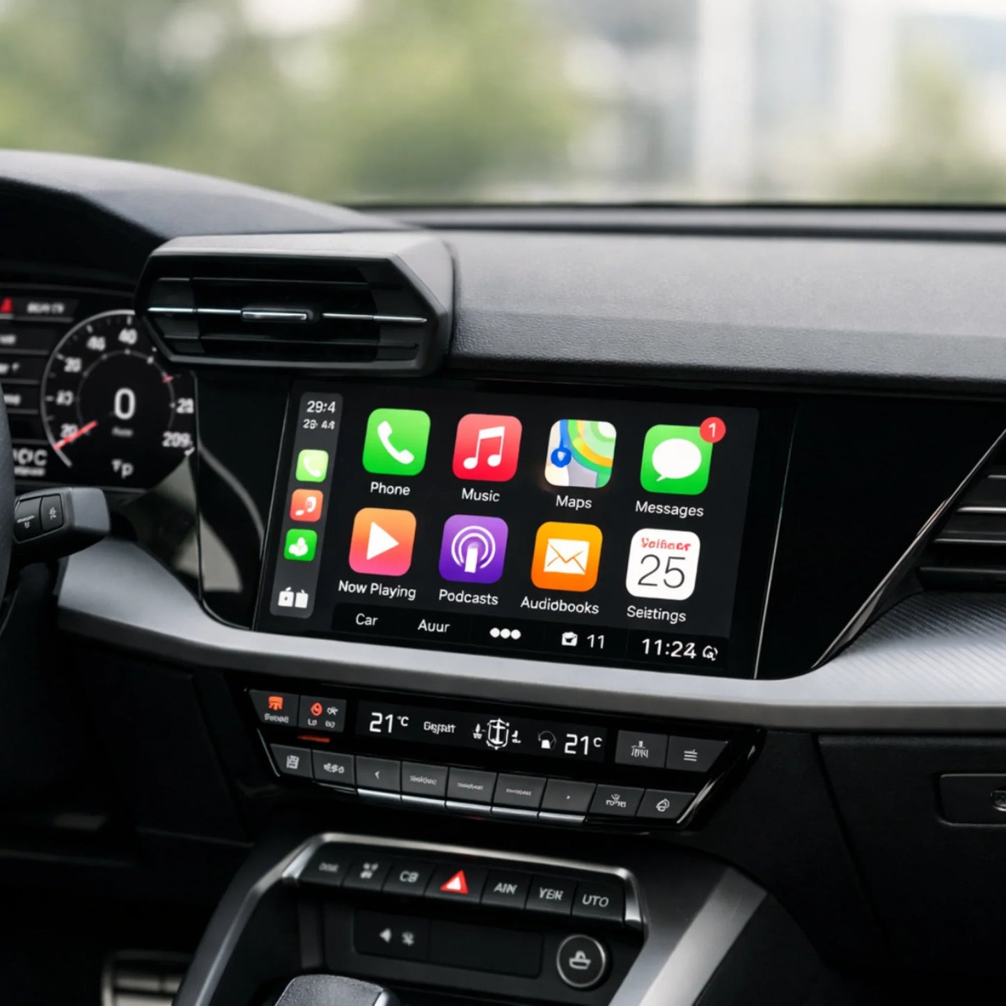 Écran CarPlay sans fil activé par boîtier dans une voiture moderne, interface iPhone visible