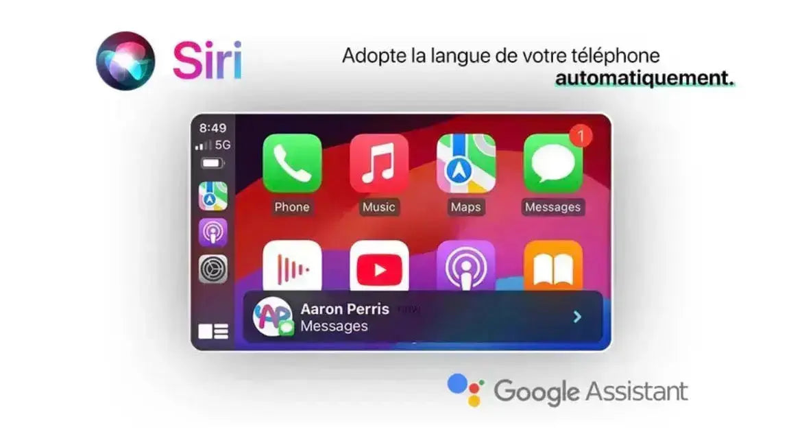 Interface Apple CarPlay montrant la fonction Siri et la détection automatique de la langue.