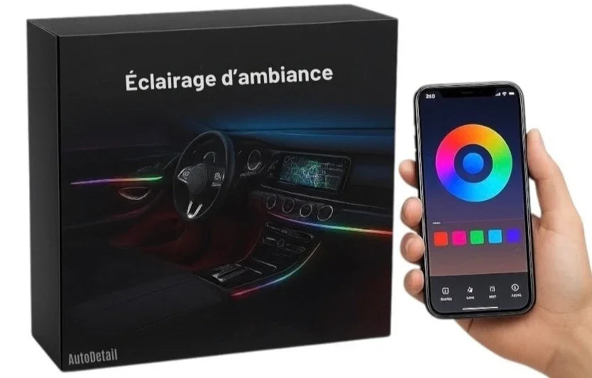 Pack LEDs d’ambiance AutoDetail avec smartphone affichant l’application de contrôle et packaging du produit en arrière-plan