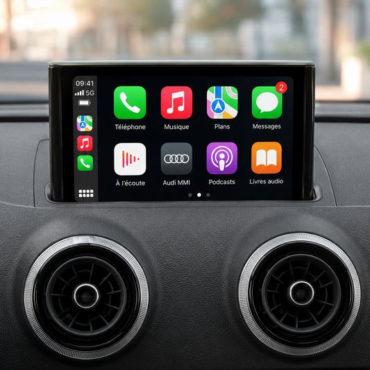 Écran MMI d'Audi A3 affichant Apple CarPlay, tableau de bord et aérateurs ronds