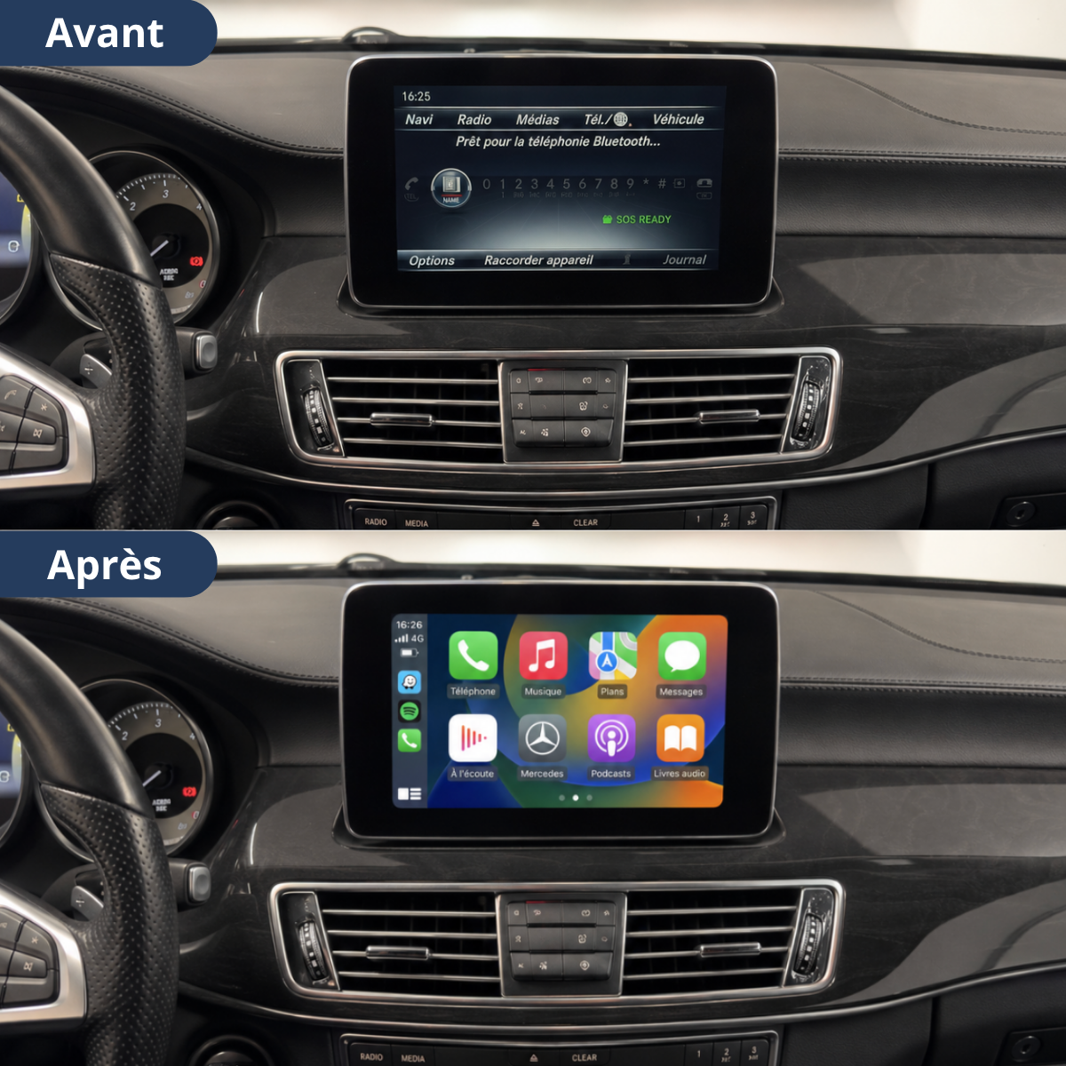Comparaison avant/après sur Mercedes CLS : écran d'origine puis Apple CarPlay