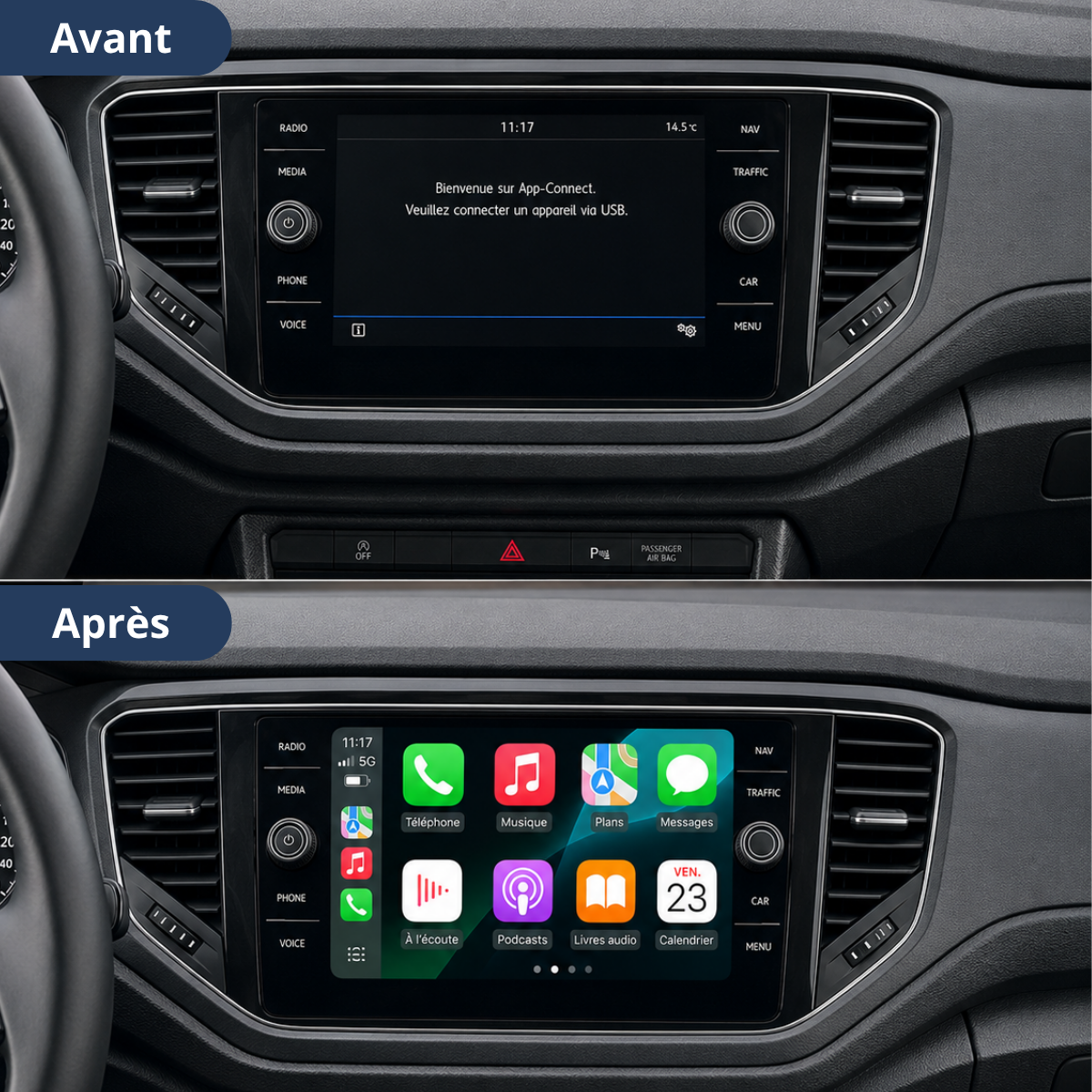 Comparaison avant/après sur Volkswagen T-Roc : écran d'origine puis Apple CarPlay
