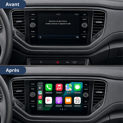 Comparaison avant/après sur Volkswagen T-Roc : écran d'origine puis Apple CarPlay