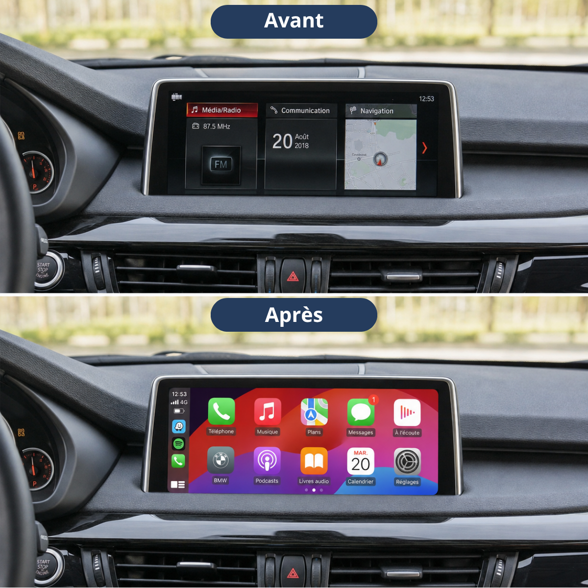 Comparaison avant/après sur BMW : menu iDrive d'origine puis Apple CarPlay