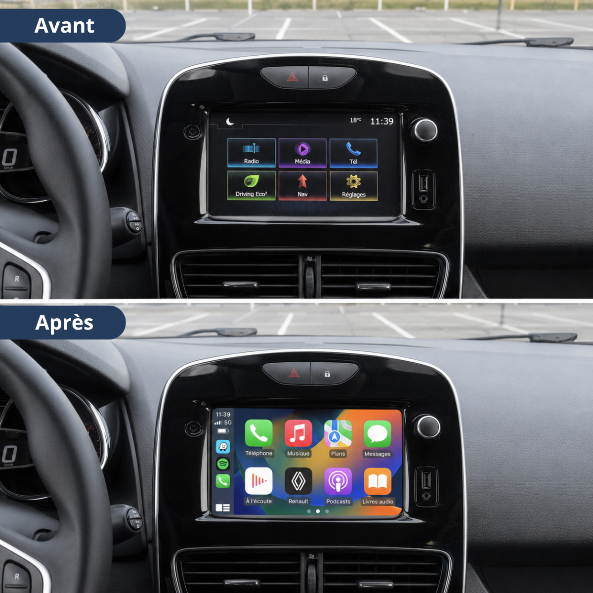 Comparaison avant/après sur Renault Clio 4 : écran d'origine puis Apple CarPlay