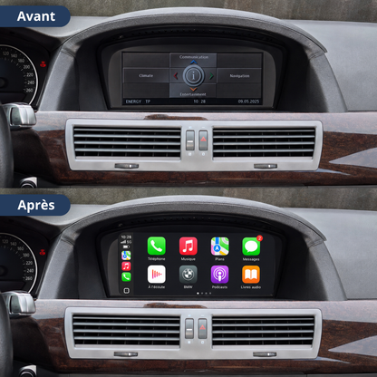 Comparaison avant/après sur BMW Série 7 : écran iDrive d'origine puis Apple CarPlay