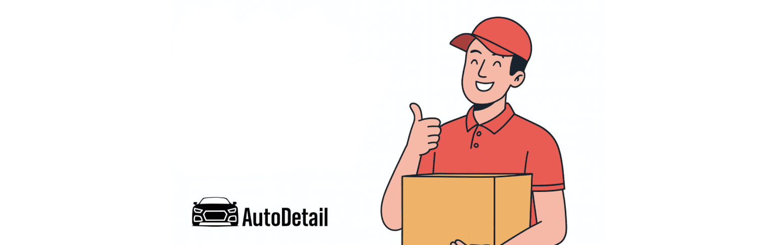 Bannière de suivi de livraison Autodetail : livreur avec colis sur fond blanc.
