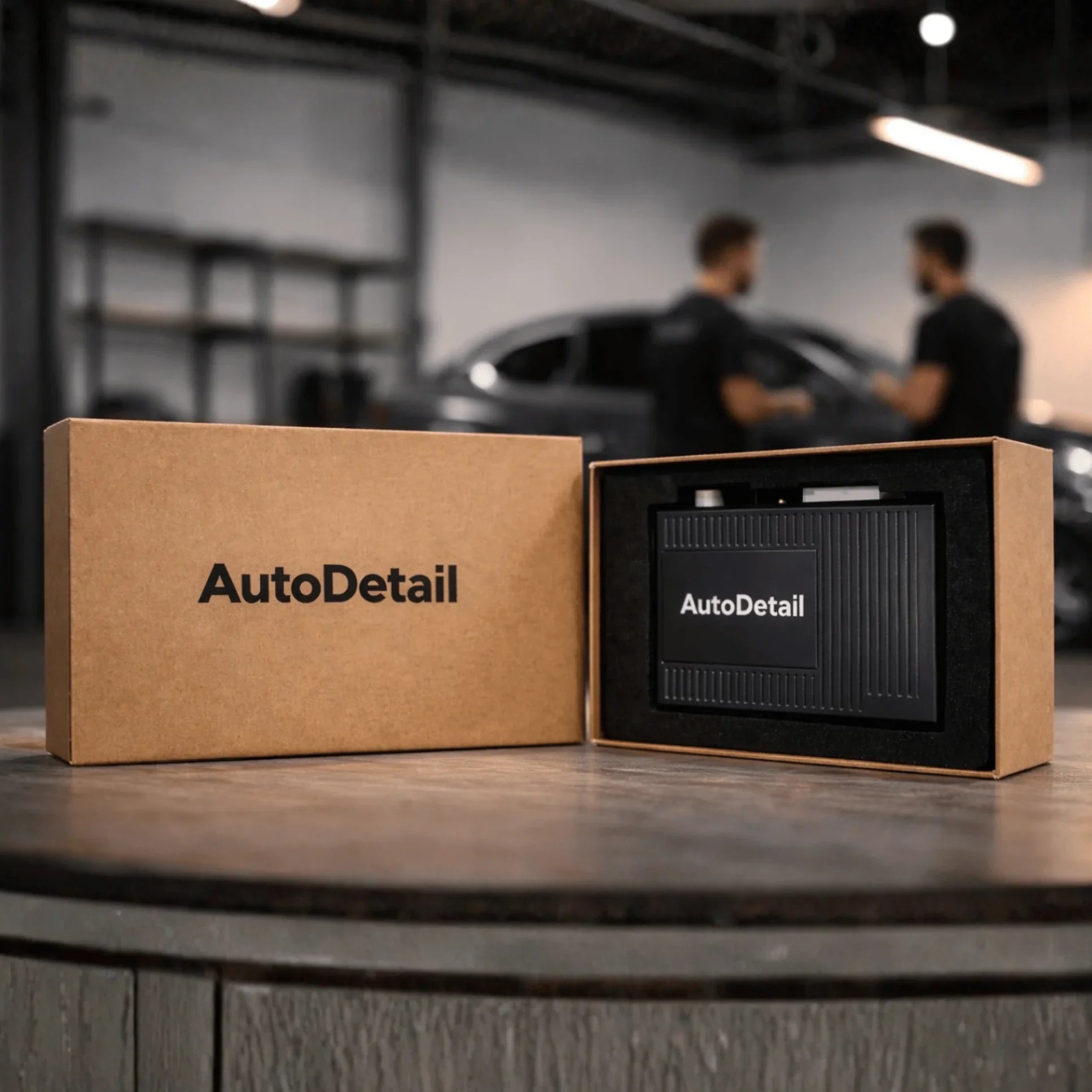 Boîtier CarPlay pour voiture dans son emballage, fond atelier auto