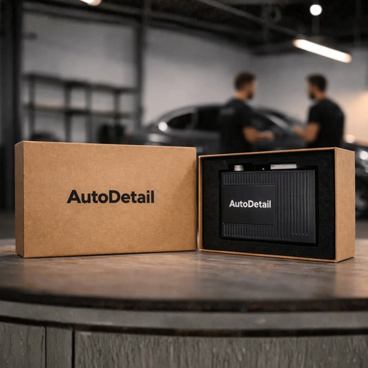 Boîtier CarPlay pour voiture dans son emballage, fond atelier auto