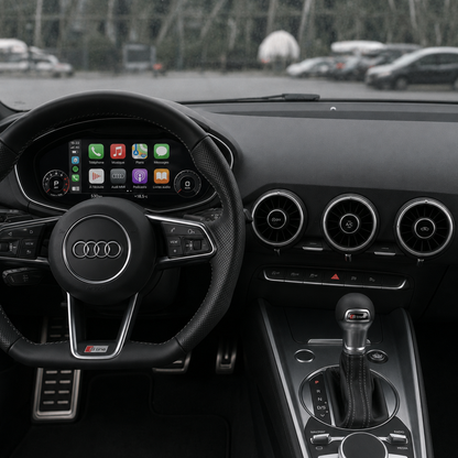 Virtual cockpit d'Audi TT affichant Apple CarPlay derrière le volant