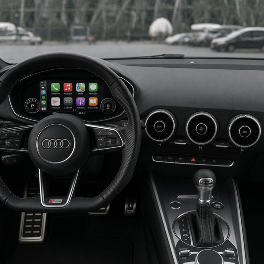 Virtual cockpit d'Audi TT affichant Apple CarPlay derrière le volant