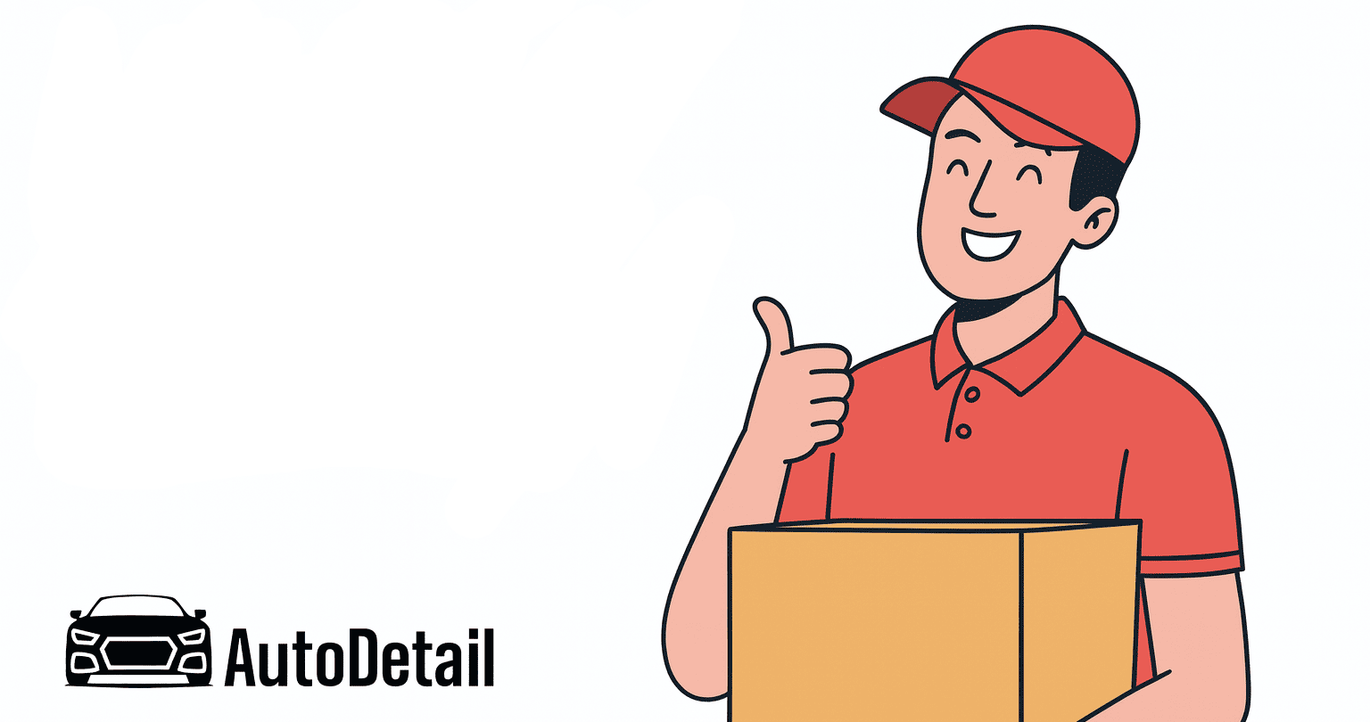 Bannière de suivi de livraison Autodetail : livreur avec colis sur fond blanc.